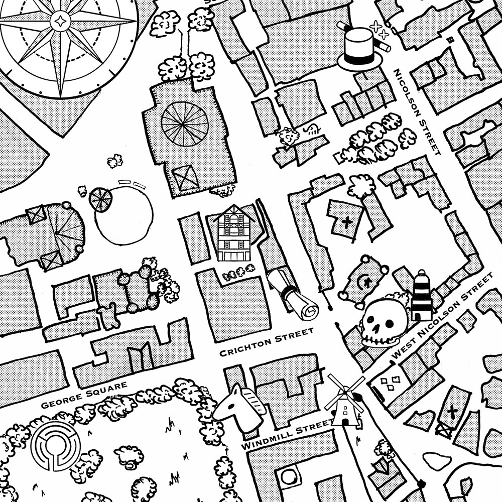 A stylised hand drawn map of the university quarter of Edinburgh showing intriguing icons at various spots