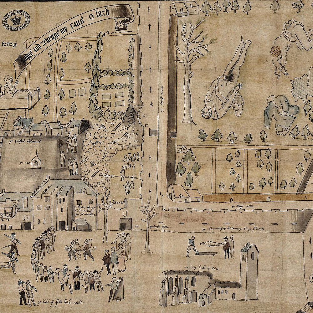 Ancient map, beige  parchment with line drawings and some shading depicting birds eye view of old Edinburgh and the chaos and mayhem of a murder scene top right and the reaction of the crowd bottom left